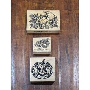 Lot of (3) Harvest Thanksgiving Halloween Pumpkin Themed Rubber Stamps